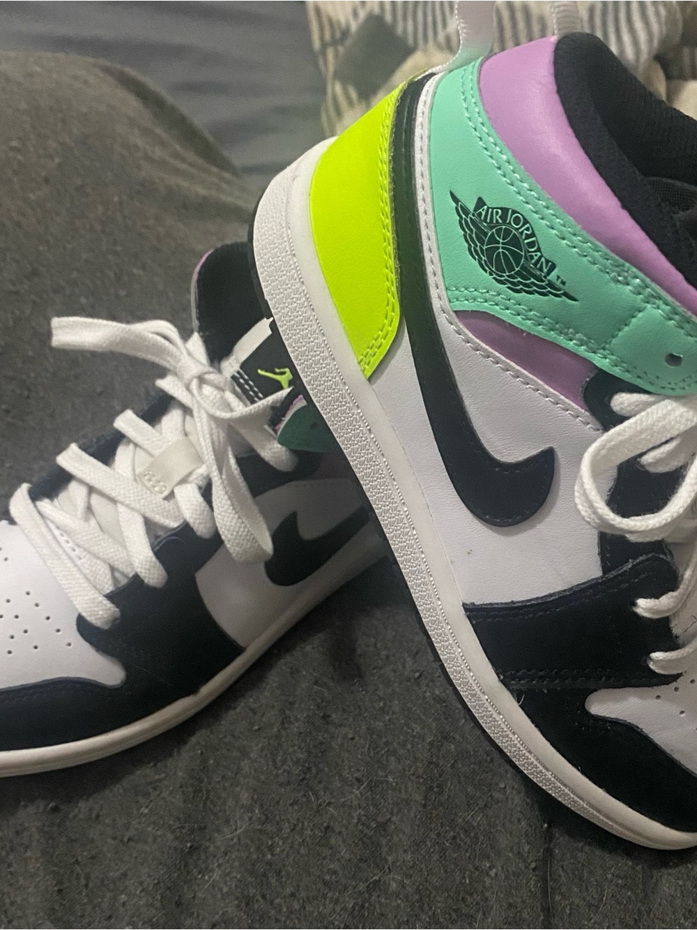 Kids Mid-Top Nike Air Jordans in White, Black, Purple, Mint & Neon Yellow